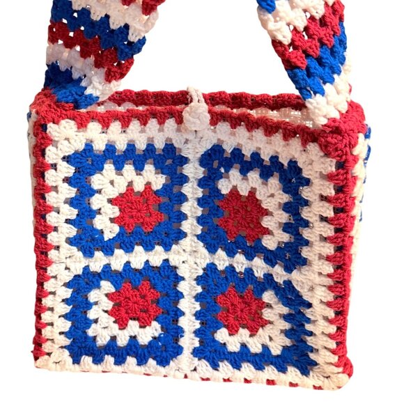 Granny Square Crochet Tote Retro Hippie Style Book Bag Red White Blue School Col - Picture 3 of 16